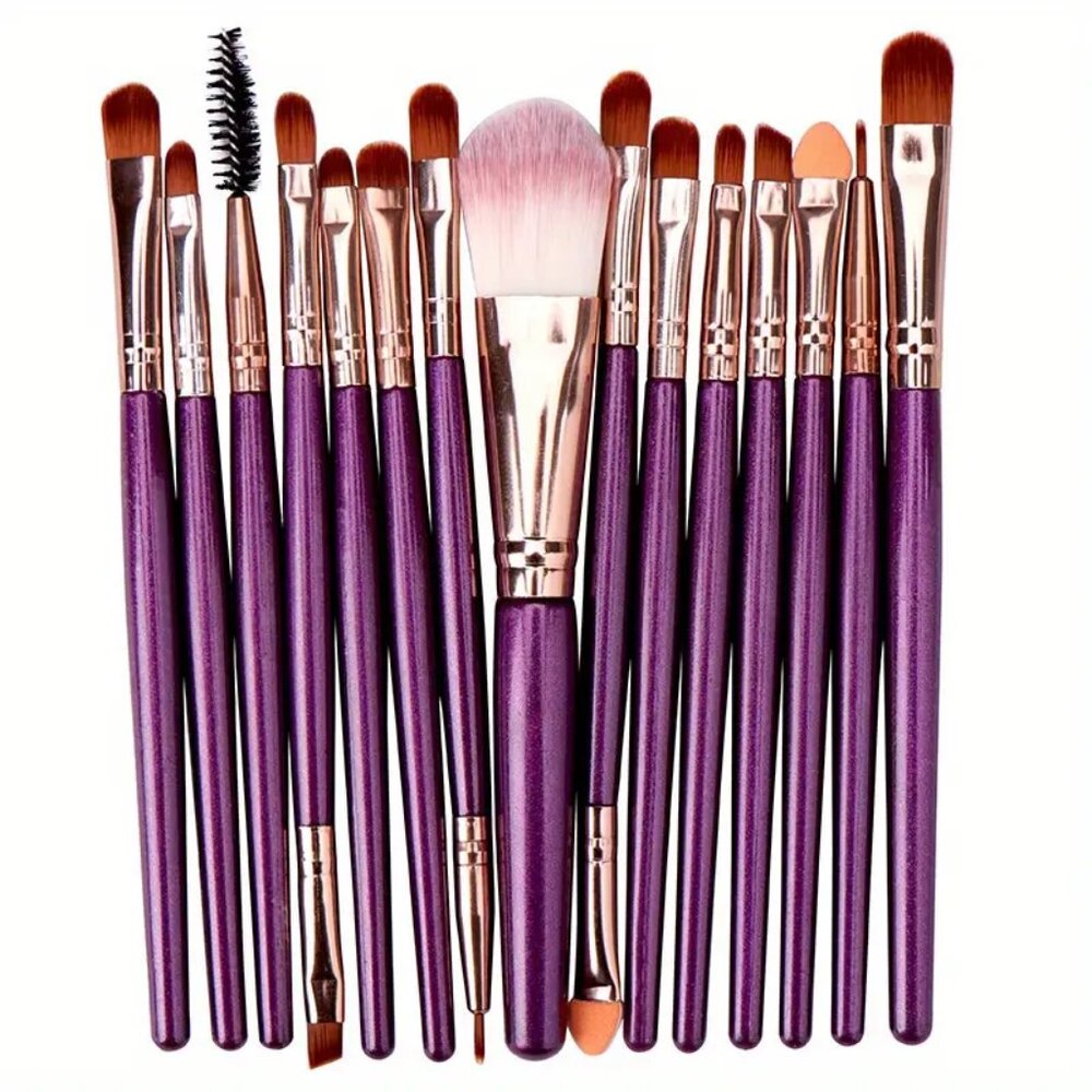 NWT Purple 15 Pc Portable Soft Makeup Brush Kit For EyeShadow Foundation